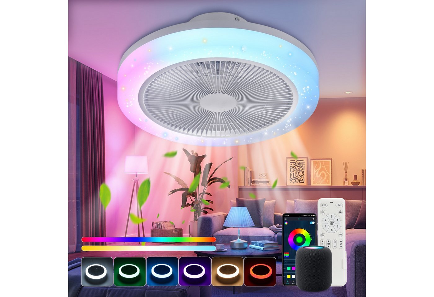WILGOON Deckenleuchte Deckenventilator mit Beleuchtung, Music RGB Dimmbar mit Fernbedienung, Luftzirkulationsfunktion, LED fest integriert, Warmweiß, Neutralweiß, Kaltweiß, RGB Farbwechsel, Schlafzimmer Leise Ventilator mit Bluetooth für Wohnzimmer Küche Hotel WILGOON Deckenleuchte Deckenventilator mit Beleuchtung, Music RGB Dimmbar mit Fernbedienung, Luftzirkulationsfunktion, LED fest integriert, Warmweiß, Neutralweiß, Kaltweiß, RGB Farbwechsel, Schlafzimmer Leise Ventilator mit Bluetooth für Wohnzimmer Küche Hotel von WILGOON