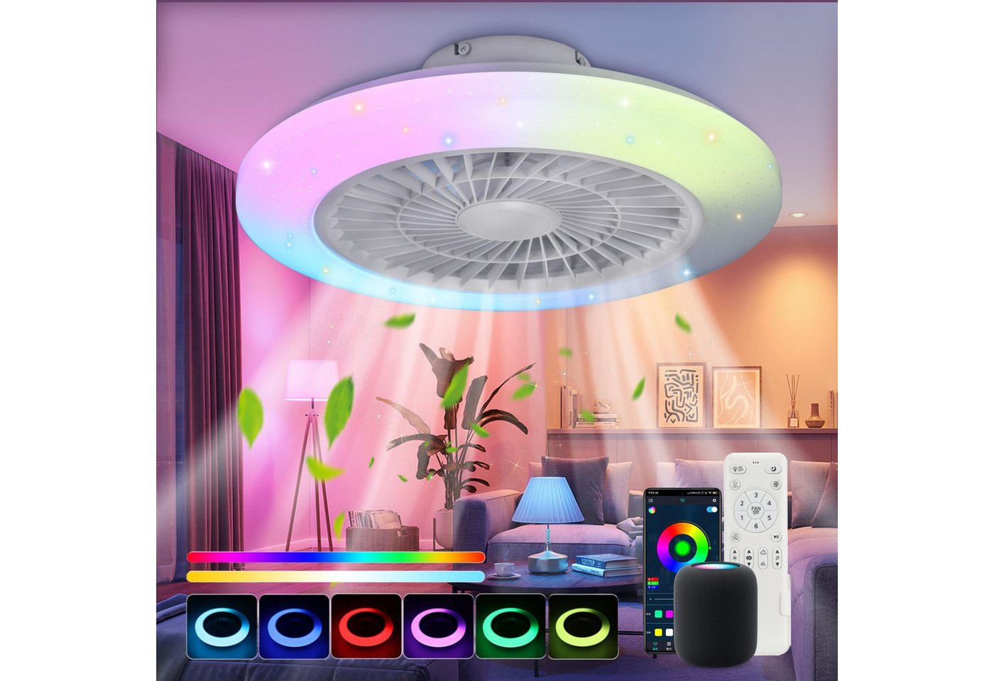 WILGOON Deckenleuchte Deckenventilator mit Beleuchtung, Music RGB Dimmbar mit Fernbedienung, Luftzirkulationsfunktion, LED fest integriert, Warmweiß, Neutralweiß, Kaltweiß, RGB Farbwechsel, Schlafzimmer Leise Ventilator mit Bluetooth für Wohnzimmer Küche Hotel WILGOON Deckenleuchte Deckenventilator mit Beleuchtung, Music RGB Dimmbar mit Fernbedienung, Luftzirkulationsfunktion, LED fest integriert, Warmweiß, Neutralweiß, Kaltweiß, RGB Farbwechsel, Schlafzimmer Leise Ventilator mit Bluetooth für Wohnzimmer Küche Hotel von WILGOON