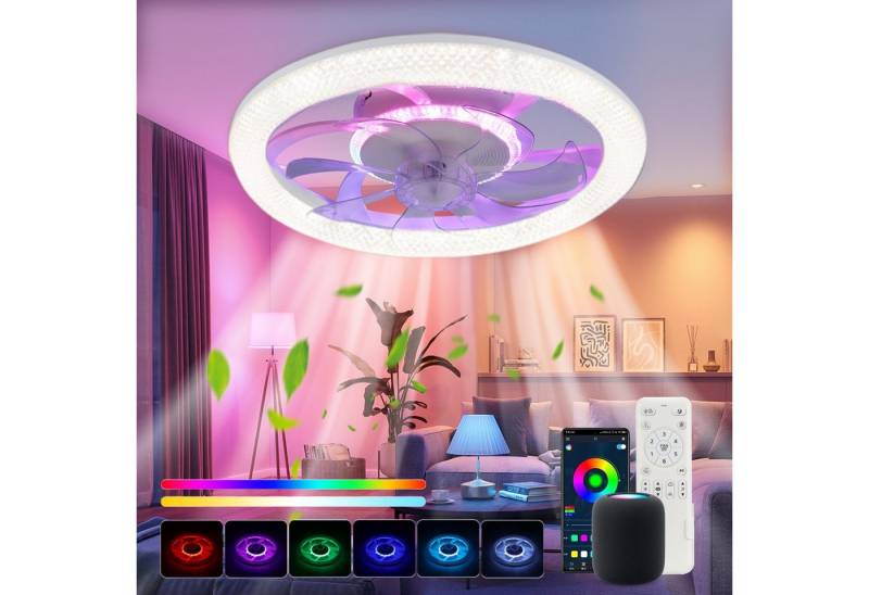 WILGOON Deckenleuchte Deckenventilator mit Beleuchtung, Music RGB Dimmbar mit Fernbedienung, Luftzirkulationsfunktion, LED fest integriert, Warmweiß, Neutralweiß, Kaltweiß, RGB Farbwechsel, Schlafzimmer Leise Ventilator mit Bluetooth für Wohnzimmer Küche Hotel von WILGOON