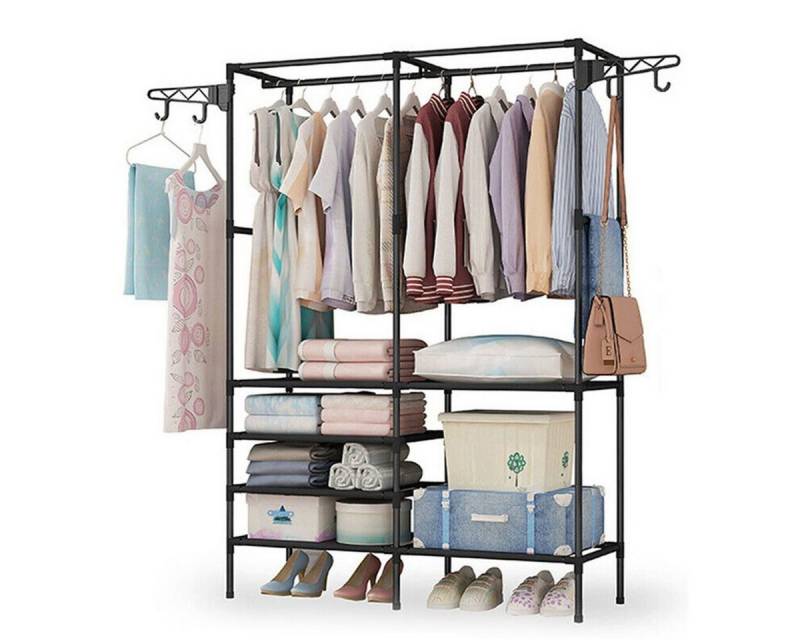 WILGOON Kleiderständer 3-in-1 Kleiderstange mit 6 Ablagen, 2 Haken,4 Kleiderhaken, (Garderobenständer, Kleiderständer, bis 60 kg Belastbar, Freistehender Kleiderschrank für Schlafzimmer, Flur, Eingangsbereich), Platzsparender Ständer, 107x35x173 cm von WILGOON