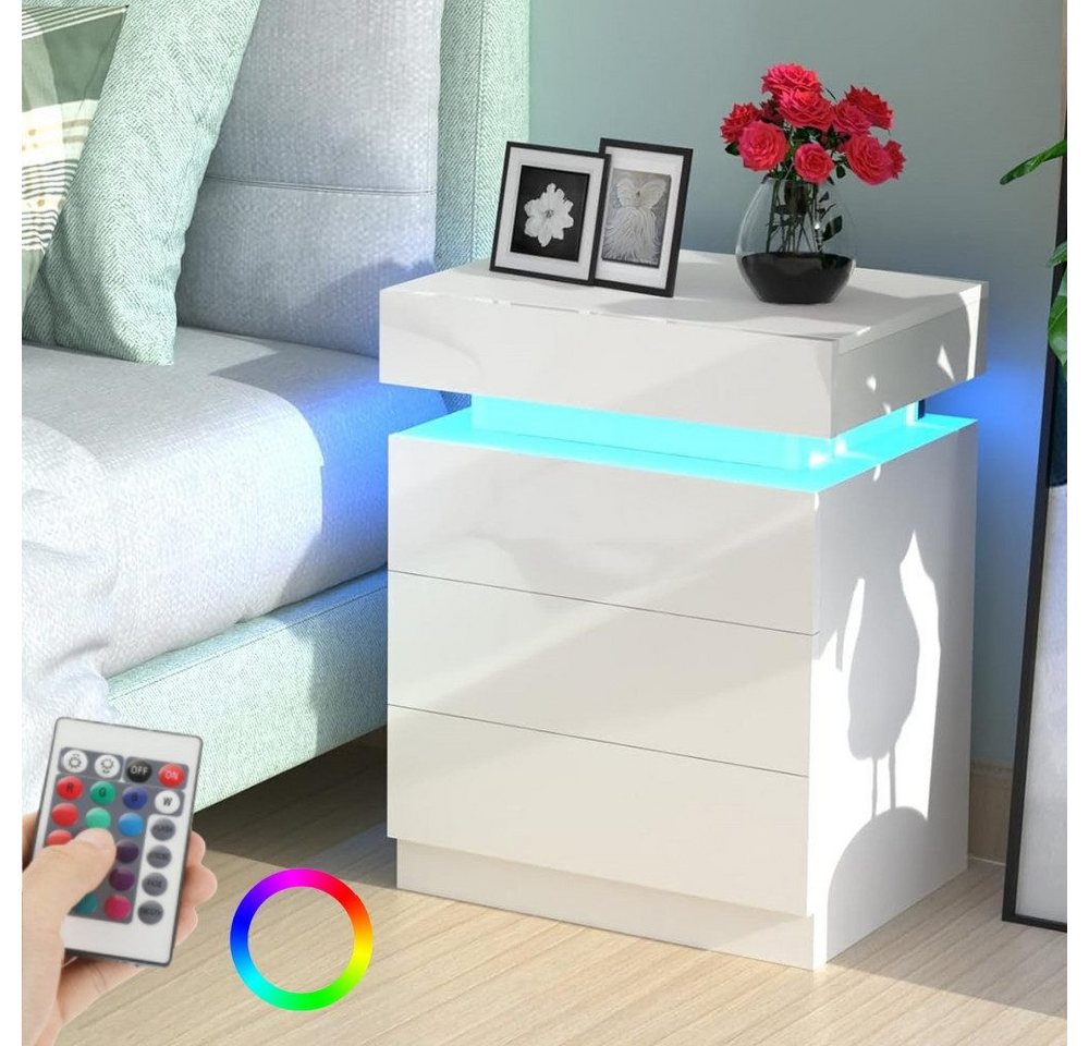 WILGOON Nachttisch Nachtschrank mit LED-Beleuchtung Nachtkommode mit 2 Schubladen (Schiebeschrank,einstellbare Farben, Sofatisch aus Holz, Weiß), Nachttisch, Beistelltisch mit LED-Leuchten, 2/3 schubladen von WILGOON