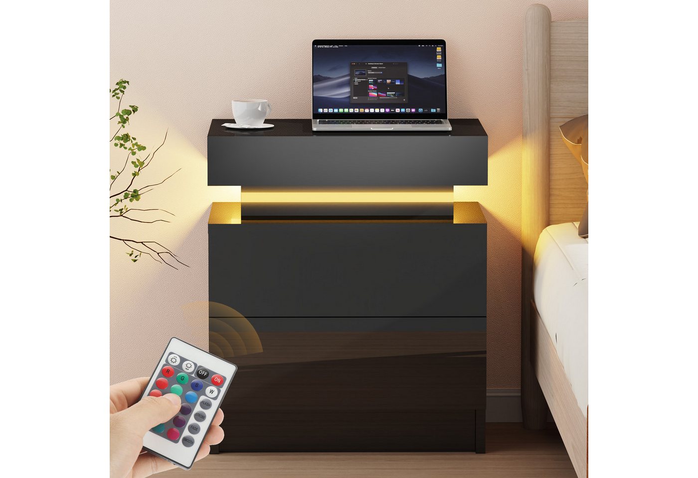 WILGOON Nachttisch Nachtschrank mit LED-Beleuchtung Nachtkommode mit 2 Schubladen (Schiebeschrank,einstellbare Farben, Sofatisch aus Holz, Weiß), Nachttisch, Beistelltisch mit LED-Leuchten, 2/3 schubladen von WILGOON