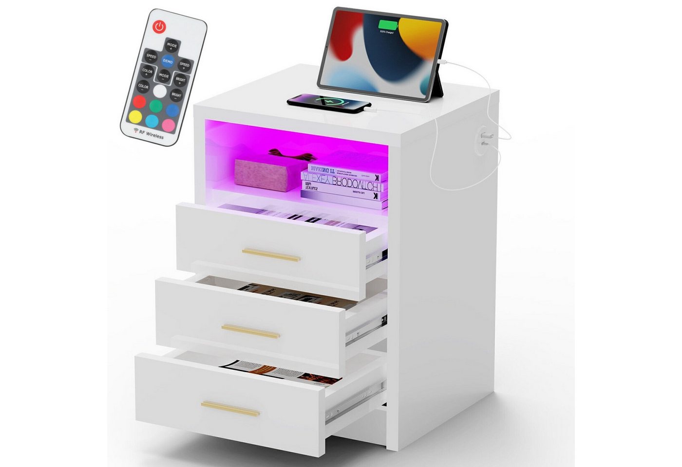 WILGOON Nachttisch Nachttisch Sofatisch mit LED-Beleuchtung,Nachtschrank mit Ladestation (2/3 Schubladen/offenes Fach, 40Tx45Bx49/62H cm, RGB-Beleuchtung), Mit USB und Typ-C Anschlüsse von WILGOON