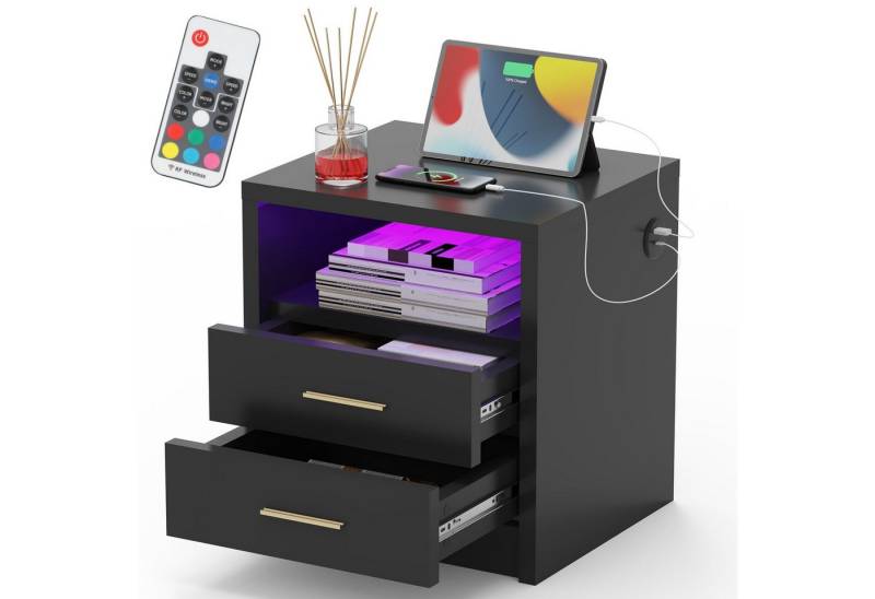 WILGOON Nachttisch Nachttisch Sofatisch mit LED-Beleuchtung,Nachtschrank mit Ladestation (2/3 Schubladen/offenes Fach, 40Tx45Bx49/62H cm, RGB-Beleuchtung), Mit USB und Typ-C Anschlüsse von WILGOON