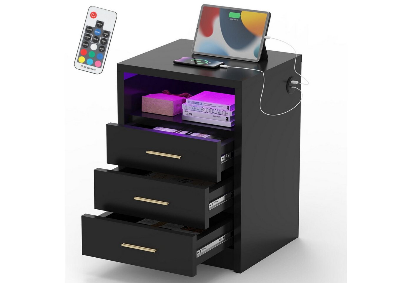 WILGOON Nachttisch Nachttisch Sofatisch mit LED-Beleuchtung,Nachtschrank mit Ladestation (2/3 Schubladen/offenes Fach, 40Tx45Bx49/62H cm, RGB-Beleuchtung), Mit USB und Typ-C Anschlüsse von WILGOON