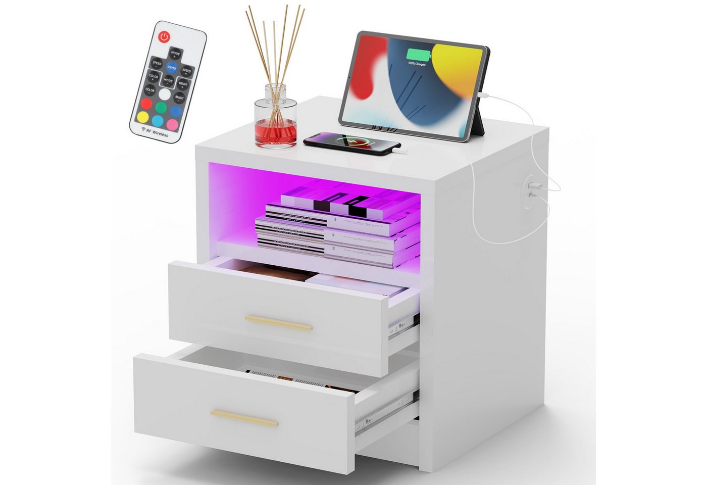 WILGOON Nachttisch Nachttisch Sofatisch mit LED-Beleuchtung,Nachtschrank mit Ladestation (2/3 Schubladen/offenes Fach, 40Tx45Bx49/62H cm, RGB-Beleuchtung), Mit USB und Typ-C Anschlüsse von WILGOON