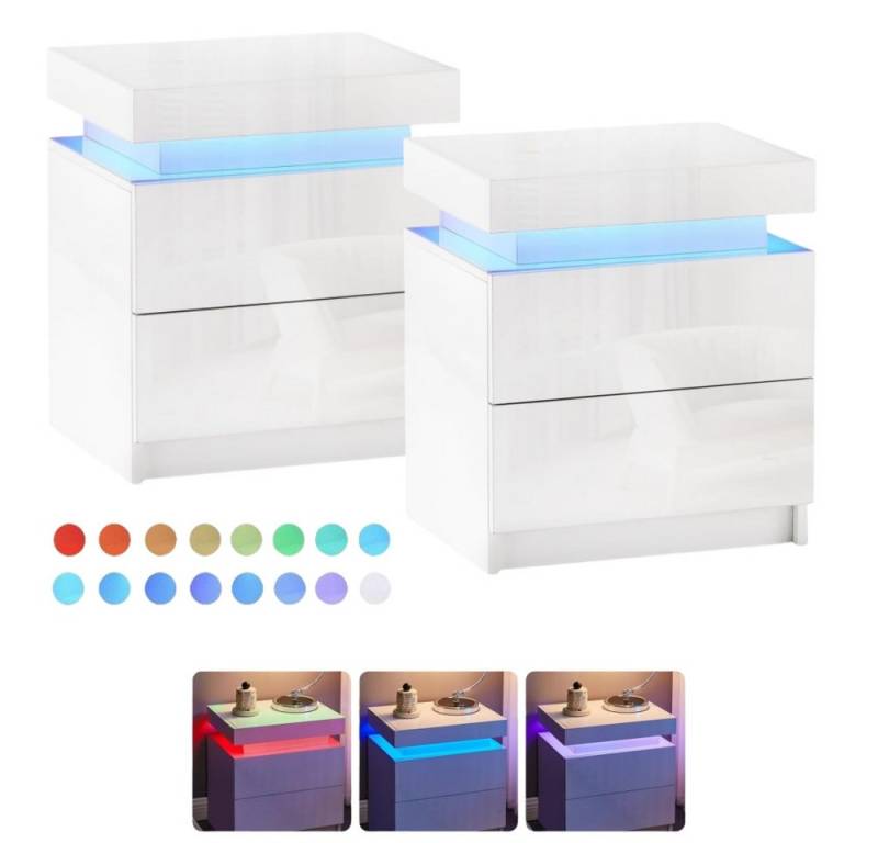 WILGOON Nachttisch Nachttisch Weiß mit LED Licht, 2 Schubladen und Hochglanzfront (2er Set, 2-St., Nachttisch mit LED-Beleuchtung, 16 Farben Einstellbare Farben), 2 Schubladen Beistelltisch für Schlafzimmer Wohnzimmer Schlafzimmer von WILGOON