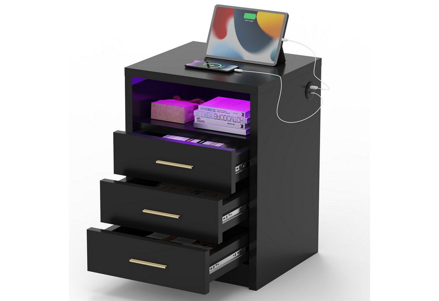 WILGOON Nachttisch RGB Nachtschrank mit 20 Farben LED, Ladefunktion Steckdose, USB Typ-C (1-St), Einstellbare Farben, 2/3 Schubladen/offenes Fach, 40Tx45Bx49/62H cm von WILGOON