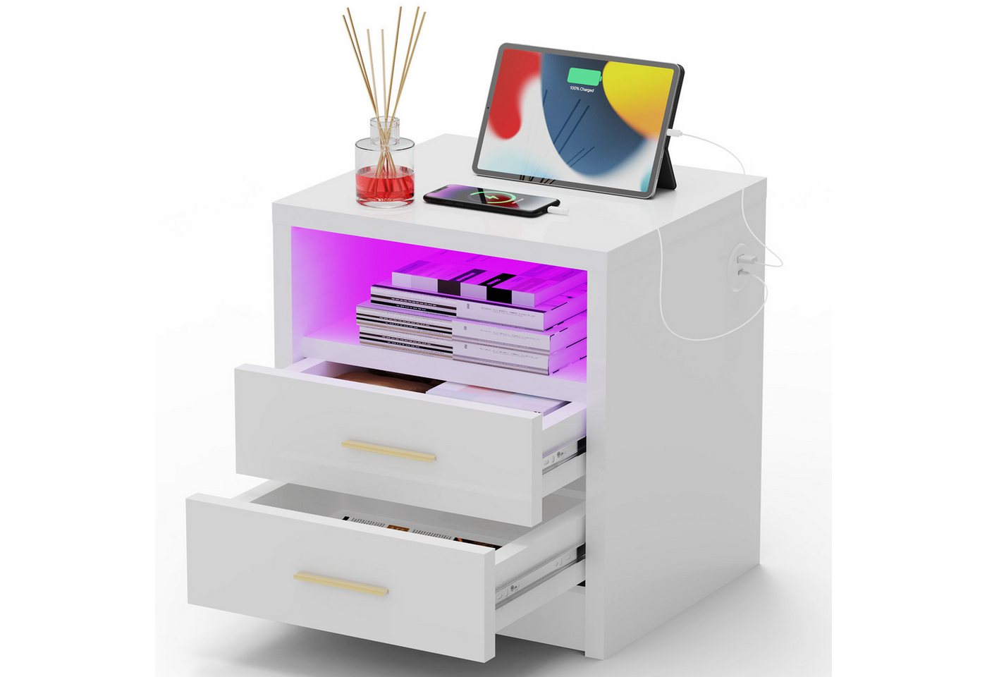 WILGOON Nachttisch RGB Nachtschrank mit 20 Farben LED, Ladefunktion Steckdose, USB Typ-C (1-St), Einstellbare Farben, 2/3 Schubladen/offenes Fach, 40Tx45Bx49/62H cm von WILGOON