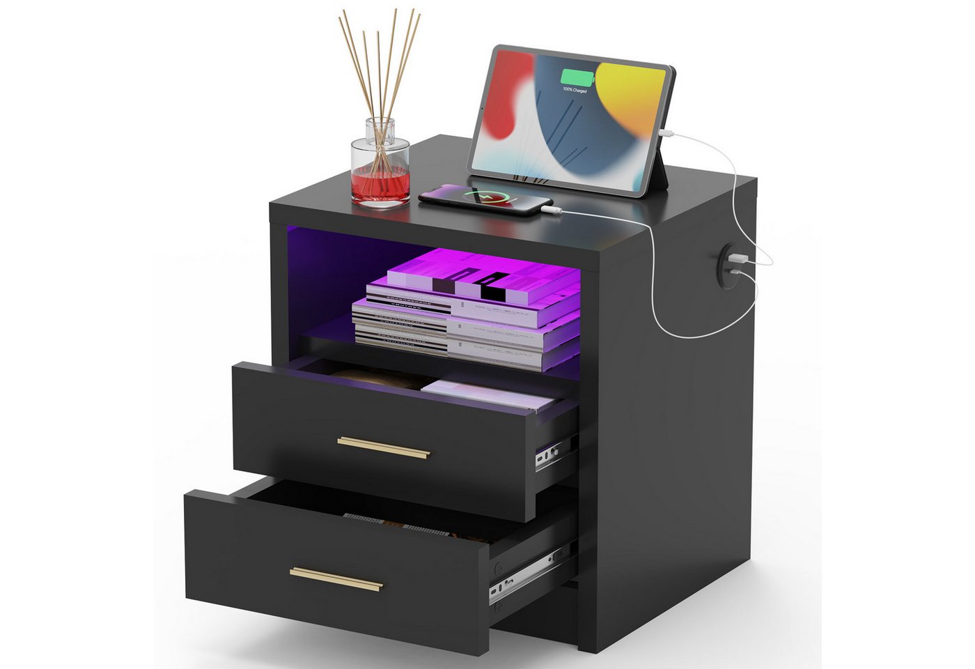 WILGOON Nachttisch RGB Nachtschrank mit 20 Farben LED, Ladefunktion Steckdose, USB Typ-C (1-St), Einstellbare Farben, 2/3 Schubladen/offenes Fach, 40Tx45Bx49/62H cm von WILGOON
