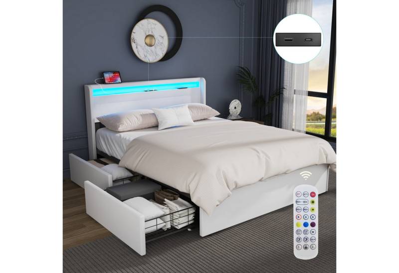 WILGOON Polsterbett 140×200cm 160×200cm Stauraumbett mit USB & LED Bett (Polsterbett mit Ladestation & LED-Beleuchtung), LED Polsterbett mit Stauraum Kopfteil & Ladestation Doppelbett von WILGOON