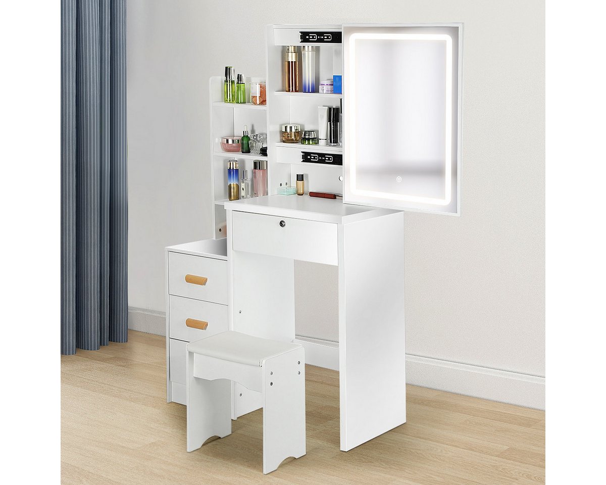 WILGOON Schminktisch Frisiertisch Schminktisch Schlafzimmer mit Hocker und Spiegel, 135cm (Touch-Funktion Dimmbare), Touchscreen Verstellbare Helligkeit, Kosmetiktisch mit LED-Beleuchtung von WILGOON
