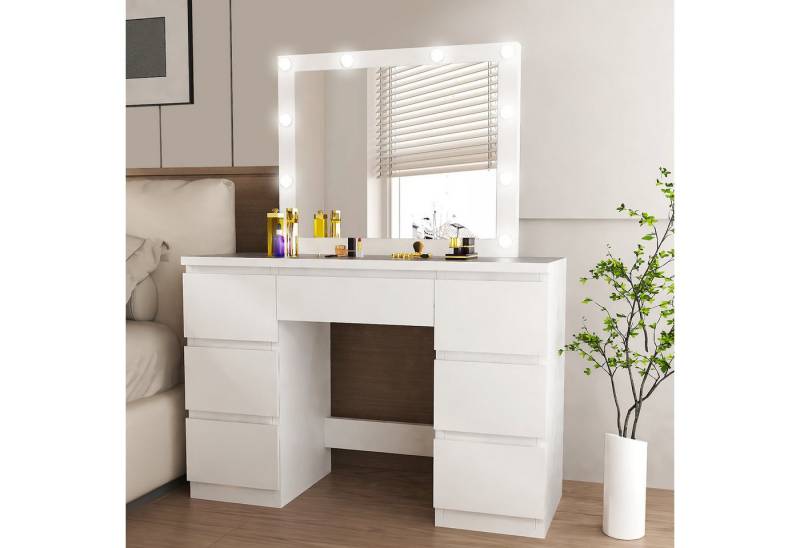 WILGOON Schminktisch Kosmetiktisch mit Spiegel und LED-Beleuchtung, 7 Schubladen (Weiß Frisierkommode Kosmetiktisch Hollywood mit LED-Beleuchtung), 2 AC Steckdose, 1 USB-Anschluss, 1 Type-C Anschluss von WILGOON