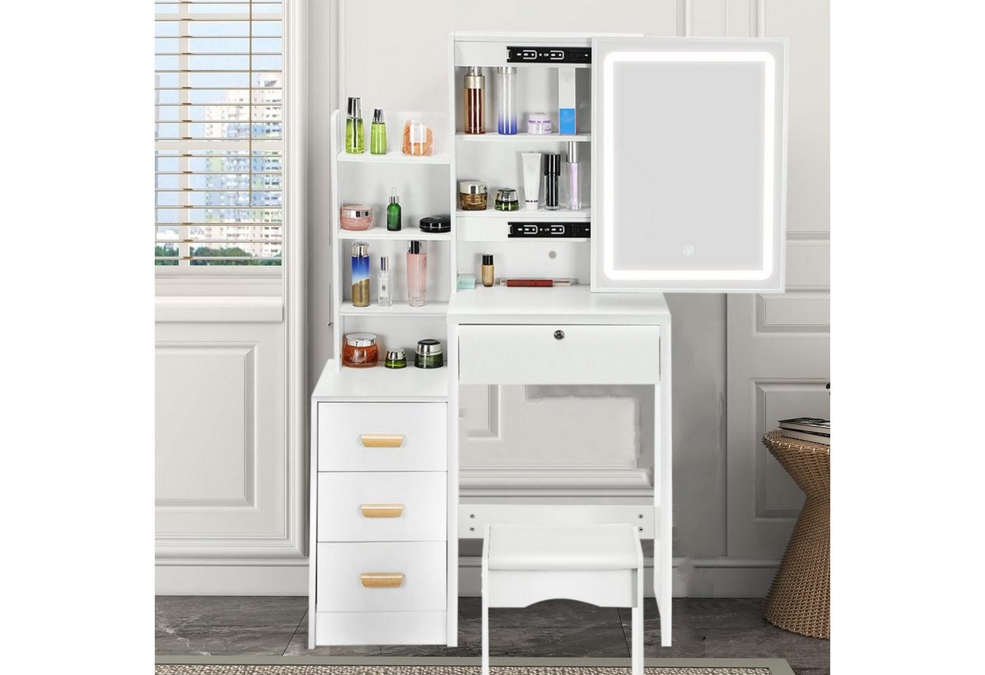 WILGOON Schminktisch Modernes Schminktisch-Set mit Schiebespiegel und Hocker, 36x80x130 cm (mit Touch-Funktion Dimmbare), Frisiertisch mit 4 Schubladen und offenen Regalen WILGOON Schminktisch Modernes Schminktisch-Set mit Schiebespiegel und Hocker, 36x80x130 cm (mit Touch-Funktion Dimmbare), Frisiertisch mit 4 Schubladen und offenen Regalen von WILGOON