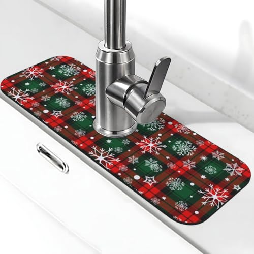 Frohe Weihnachten Schneeflocken rot grün Gitter Plaid Küche Spüle Spritzschutz Wasserhahn Matte 1 Stück, saugfähige, schnell trocknende Matte Gadgets Spritzschutz für Badezimmer 38,1 x 14,9 cm von WILL BUDXEG