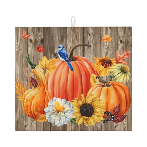 Herbst-Farmhouse Kürbis-Holz-Trockenmatte, 40,6 x 45,7 cm, für Küchentheke, Abtropfmatte, Geschirr, leicht zu reinigen von WILL BUDXEG