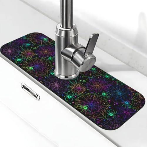 Psychedelisches Neon-Spinnennetz, Halloween-Grusel-Küchenspüle, Spritzschutz, Wasserhahnmatte, saugfähig, schnell trocknend, Gadgets, Spritzschutz für Badezimmer, 38,1 x 14,9 cm von WILL BUDXEG