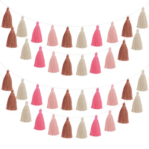 4 Stück Quasten-Girlande, bunte Boho-Quasten-Girlande, dekorative Filzbanner, Wandbehang für Festivals, vormontiert (Rosenrot, Rosa, Braun, Khaki, 7,9 cm) von WILLBOND