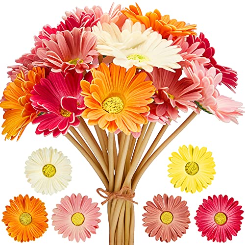 Künstliche Gänseblümchen, Kunstblume, Gerbera, Gänseblümchen, Kunstblumenstrauß, 38,1 cm, für Hochzeit, Brautstrauß, Party, Zuhause, Küche (Weiß, Rosa, Gelb, Orange, Rose, Koralle, 24 Stück) von WILLBOND