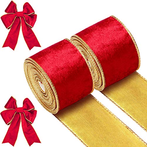 WILLBOND 2 Rollen Weihnachten Rote Samtbänder mit Goldbesatz Samt Drahtbänder Weihnachten Drahtkanten Band Dekoratives Stoff Samtband zum Verpacken Basteln Schleifen, Insgesamt 13 Yards von WILLBOND