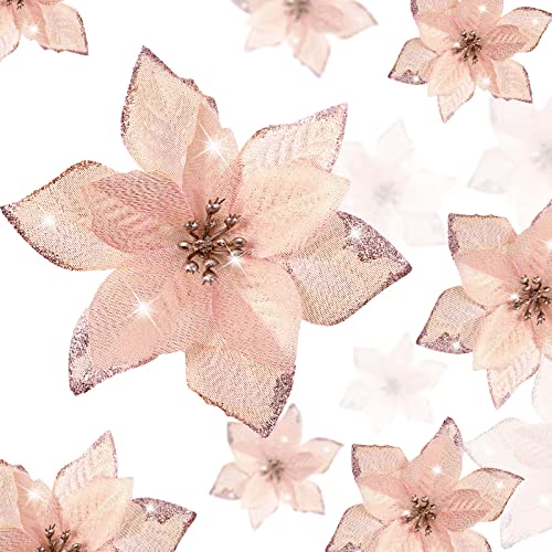WILLBOND 24 Stück 3 Größen Glitzer Weihnachtsblumen Künstliche Weihnachtsstern Blumen Weihnachtsbaum Blumenschmuck Ornamente für Weihnachtsbaum Neujahr Hochzeit (3,2/4/6 Zoll, Rose Gold) von WILLBOND