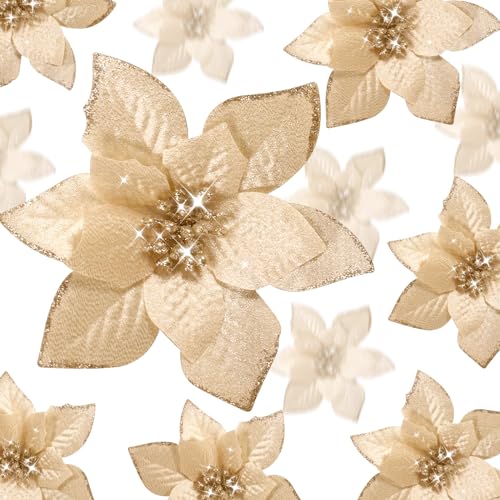 WILLBOND 24 Stück 3 Größen Weihnachten Glitzer Weihnachtssterne Blumen Hochzeit Faux Blumen Weihnachtsdekoration Ornamente für Weihnachtsbaum Neujahr Home Outdoor Dekoration (Champagner, 8,1 cm/10,2 von WILLBOND