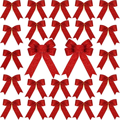 WILLBOND 24 Stücke Weihnachten Band Schleife Funkeln Bogen Weihnachtsbaum Bögen Party Dekoration Weihnachten Dekor Kranz Ornamente (Rot) von WILLBOND