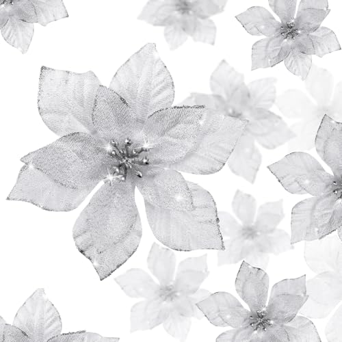 WILLBOND 36 Stück Weihnachten Glitzer Weihnachtsstern Blumen Künstliche Blumen Hochzeit Glitzer Weihnachtsbaum Neujahr Ornamente (Silber, 3 Zoll, 4 Zoll, 6 Zoll) von WILLBOND