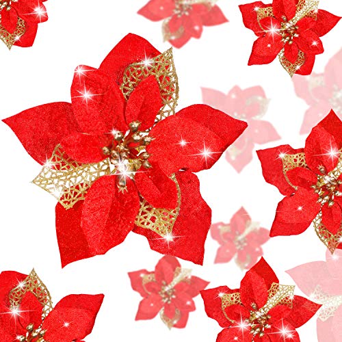 WILLBOND 36 Stück Weihnachten Glitzer Weihnachtsstern Blumen Kunstblumen Hochzeit Glitzer Weihnachtsbaum Neujahr Ornamente(Rot, Doppelt Schicht Hohler Stil) von WILLBOND