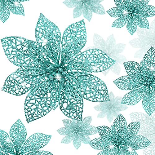 WILLBOND 36 Stück Weihnachtliche Glitzer Weihnachtsstern Blumen Hochzeit Glitzer Blumen Weihnachtsstern Blüten Deko Weihnachtsbaum Neujahr Ornamente (Blau Grün) von WILLBOND