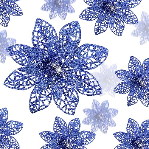 WILLBOND 36 Stück Weihnachtliche Glitzer Weihnachtsstern Blumen Hochzeit Glitzer Blumen Weihnachtsstern Blüten Deko Weihnachtsbaum Neujahr Ornamente (Marineblau) von WILLBOND