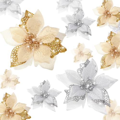 WILLBOND 36 Stück Weihnachtsstern Glitzer Kunstblumen Weihnachten Künstliche Blumen Baumschmuck Topper Xmas Dekorationen (Gold, Silber) von WILLBOND