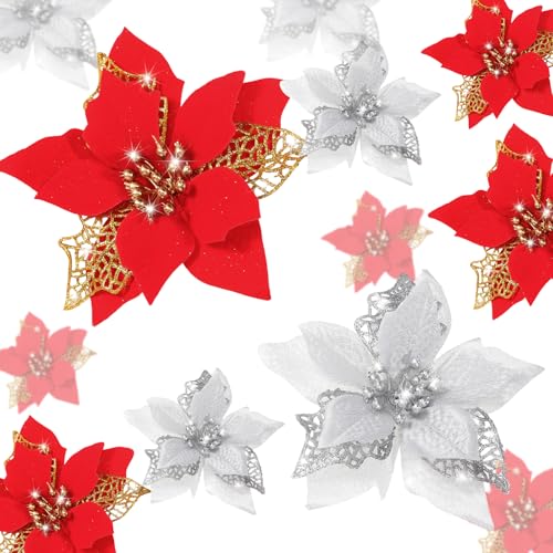 WILLBOND 36 Stück Weihnachtssterne Glitzer Kunstblumen Weihnachten Künstliche Blumen Baumschmuck Topper Xmas Dekorationen (Rot, Silber) von WILLBOND