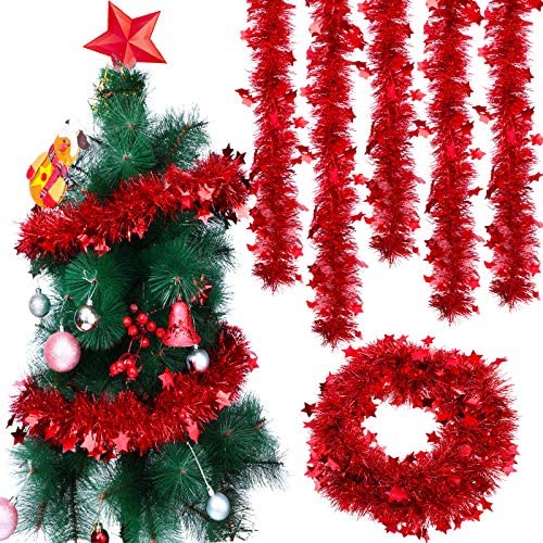 WILLBOND 5 Stück Weihnachten Lametta Girlande Stern Glänzend Glitzer Party Hängende Weihnachtsbaum Lametta Girlande mit Sternen für Weihnachtsbaum Party Dekoration Festliche Verzierung (Rot) von WILLBOND