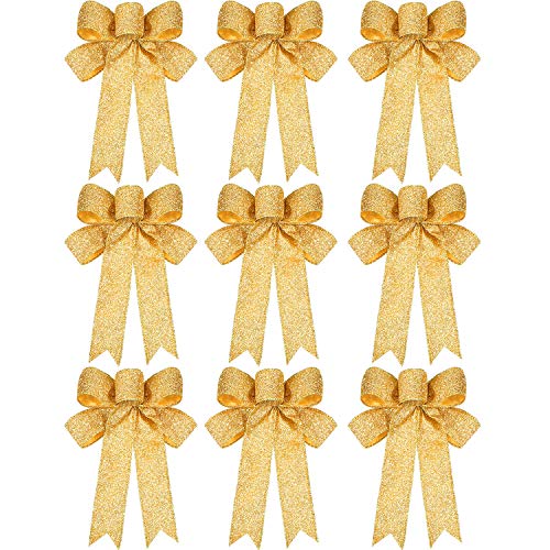 WILLBOND 9 Stück Weihnachten Band Schleife Funkeln Weihnachten Schleife Weihnachten Kranz Bogen für Weihnachten Party Dekoration (Gold) von WILLBOND