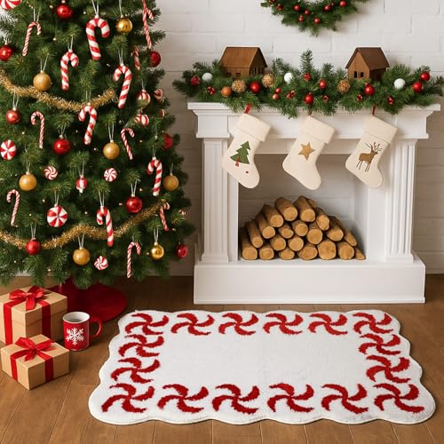 WILLBOND Weihnachts-Badezimmerteppich, beflockt, Süßigkeiten-Badezimmerdekoration, rutschfest, weich, waschbar, Rot und Weiß, Süßigkeiten-Dusch-Bodenmatte für Badewanne, Wohnzimmer, Esszimmer, Urlaub WILLBOND Weihnachts-Badezimmerteppich, beflockt, Süßigkeiten-Badezimmerdekoration, rutschfest, weich, waschbar, Rot und Weiß, Süßigkeiten-Dusch-Bodenmatte für Badewanne, Wohnzimmer, Esszimmer, Urlaub von WILLBOND