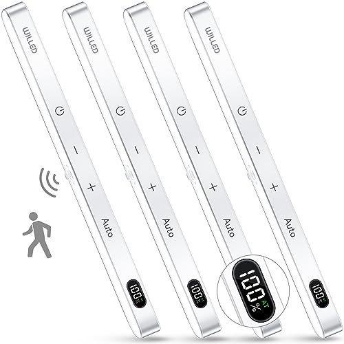 WILLED 60 LEDs Schrankbeleuchtung LED mit Bewegungsmelder, 1300 mAh Dimmbar Unterbauleuchte Küche, LED Leiste Batterie USB Wiederaufladbar Für Kleiderschrank,Treppe, Schlafzimmer, 4 Stück von WILLED