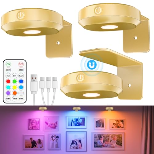 WILLED Bildbeleuchtung Kabellos, Bild beleuchtung wand kabellos, LED Spot Akku mit Fernbedienung, Wiederaufladbare Bilderlampe mit 9 RGB-Farben, Vitrinenbeleuchtung LED mit Timer, Gold(3er Pack) von WILLED