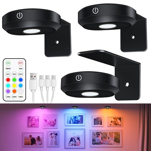 WILLED Bilderleuchte Kabellos, Bild Beleuchtung Wand Kabellos, LED Spot Akku mit Fernbedienung, Wiederaufladbare Bilderlampe mit 9 RGB-Farben, Vitrinenbeleuchtung LED mit Timer, Schwarz(3er Pack) von WILLED