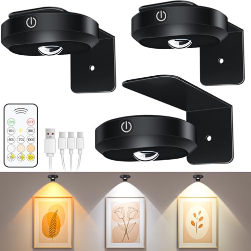 WILLED Bilderleuchte akku, Kabellose Bildleuchte mit Fernbedienung, LED licht Spots, Wiederaufladbare mit 3 Farbtemperaturen, Dimmbar Bilderlampe, Vitrinenbeleuchtung LED mit Timing Funktion(3er Pack) von WILLED