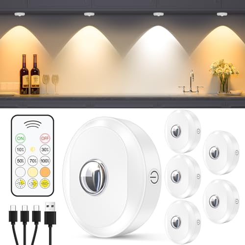WILLED Schrankbeleuchtung Kabellos mit Fernbedienung, USB Aufladbar Vitrinenbeleuchtung LED, 1200mAh Batterie Unterbauleuchte Küche LED, Dimmbar LED Spot Akku mit Timing Funktion(6er Pack) von WILLED