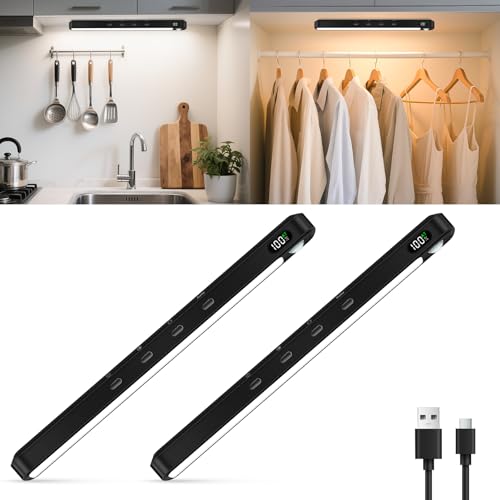 WILLED Schrankbeleuchtung Led Lampe mit Bewegungsmelder,3 Farbmodi Aufladbar Dimmbar Unterbauleuchte Küche mit USB Batteriebetriebenes Küchenlicht für Küche,Kleiderschrank,Schwarz(2 Stück) von WILLED