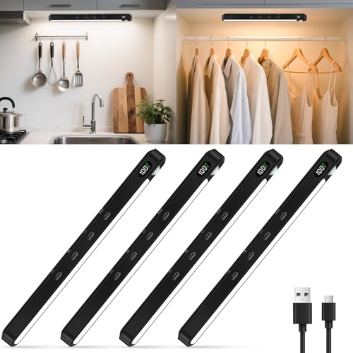 WILLED Schrankbeleuchtung Unterbauleuchte Küche 64 LEDs,3 Farbtemperaturen Dimmbar,Anzeige des Batteriestands Led mit Bewegungsmelder Schranklicht,USB Schrankleuchte für Schlafzimmer,küchen 4 Stück von WILLED