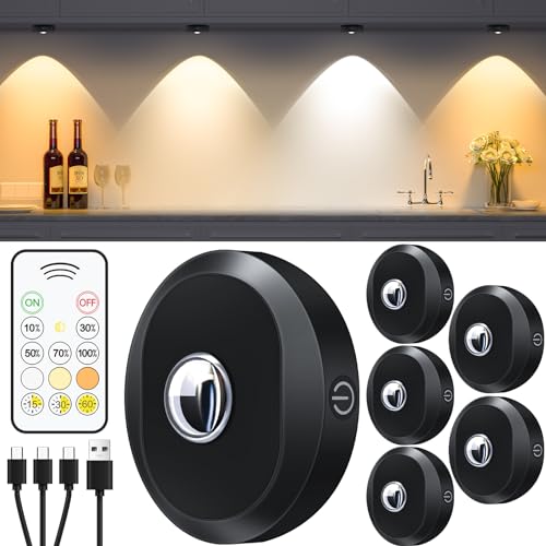 WILLED USB Aufladbar LED Spots Akku mit Fernbedienung, Rund Schrankbeleuchtung, 3 Farbtemperaturen,Dimmbar LED Spot, Kabellos Vitrinenbeleuchtung LED mit Timing Funktion(6er Pack) von WILLED