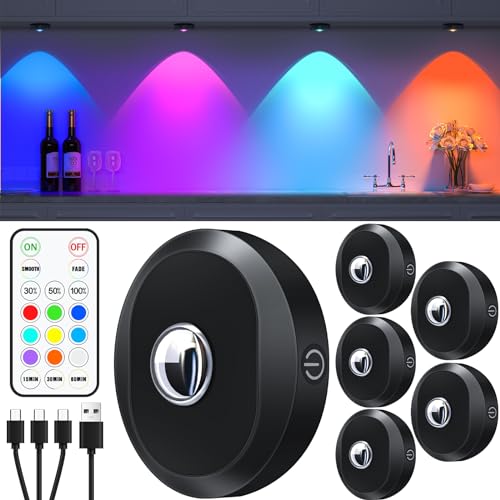 WILLED USB Aufladbar RGB LED Spots Akku mit Fernbedienung, Farbwechsel Led Unterbauleuchte, Magnetisch Dimmbar Akku Schrankbeleuchtung, Kabellos Vitrinenbeleuchtung mit Timing Funktion(6er Pack) von WILLED