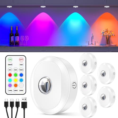 WILLED USB Aufladbar RGB LED Spots Akku mit Fernbedienung, Kabellos Vitrinenbeleuchtung LED mit Timing Funktion, Farbwechsel Schrankbeleuchtung, Magnetisch Dimmbar Unterbauleuchte Küche LED(6er Pack) von WILLED