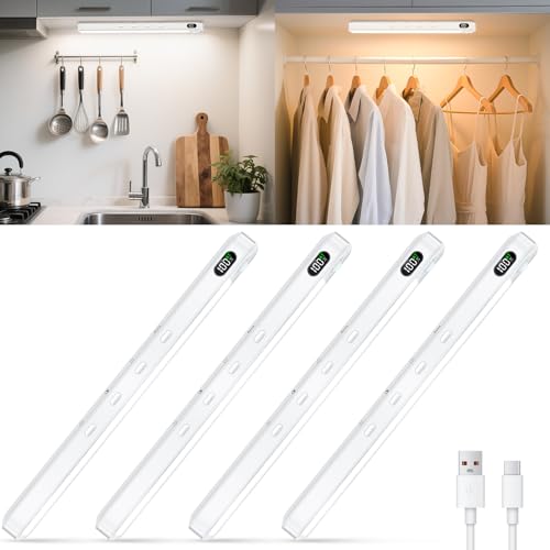 WILLED Unterbauleuchte Küche Led,64 LEDs Schrankbeleuchtung mit Bewegungsmelder,Wiederaufladbare USB Küchenlicht 3 Farbtemperaturen Dimmbar Schranklicht für Schrank,Küche, Kleiderschrank(4 Stück) von WILLED