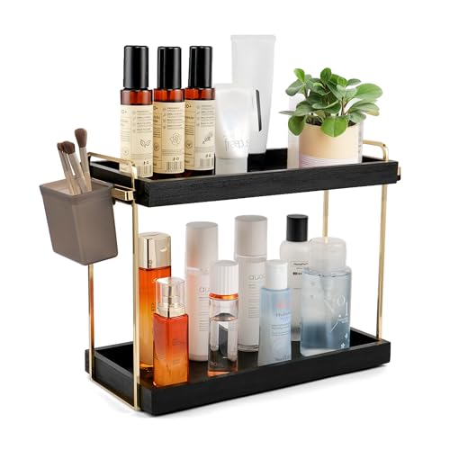 WILLKOMMEN Standregal Badezimmer aus Holz Organizer 2 Ebenen, Ohne Bohren aus Holz und Metall, mit Haken und Aufbewahrungsbox, Geeignet für Küche, Wohnzimmer, Badezimmer, Schminktisch - Schwarz WILLKOMMEN Standregal Badezimmer aus Holz Organizer 2 Ebenen, Ohne Bohren aus Holz und Metall, mit Haken und Aufbewahrungsbox, Geeignet für Küche, Wohnzimmer, Badezimmer, Schminktisch - Schwarz von WILLKOMMEN
