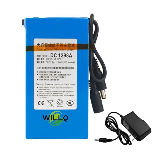 WILLQ Tragbarer wiederaufladbarer Lithium-Ionen-Akku, DC 12 V, 9800 mAh, Backup-Akku mit Netzstecker für 12-Volt-Mikrofon/Lautsprecher/Licht von WILLQ