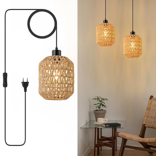 WILON 2 Stück Vintage Hängelampe mit Stecker, Lampenschirm Boho, Rattan Lampe mit 4.5M Kabel, E27 Pendelleuchte mit Schalter, Esstischlampe Hängend, Hängeleuchte für Wohnzimmer Schlafzimmer von WILON